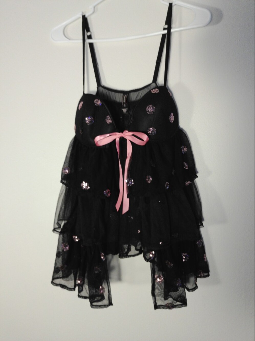 Victoria's Secret Black Sheer Sequin Babydoll with Pink Ribbon
